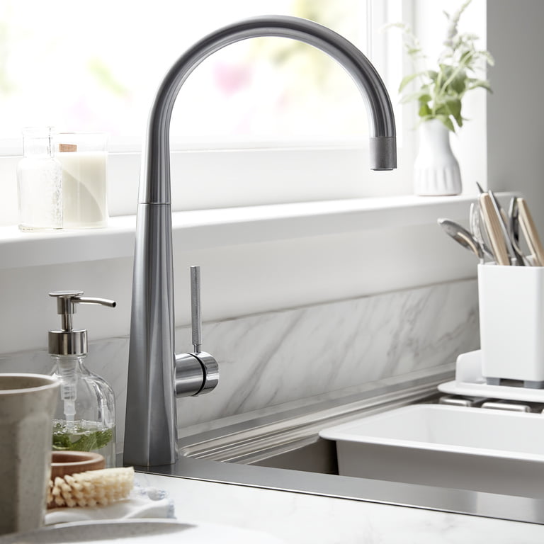 baterie-buc-carya-inox-later-2746 Baterie bucatarie GoodHome Carya, efect otel inoxidabil, monocomanda, cartus ceramic 35 mm, design modern
