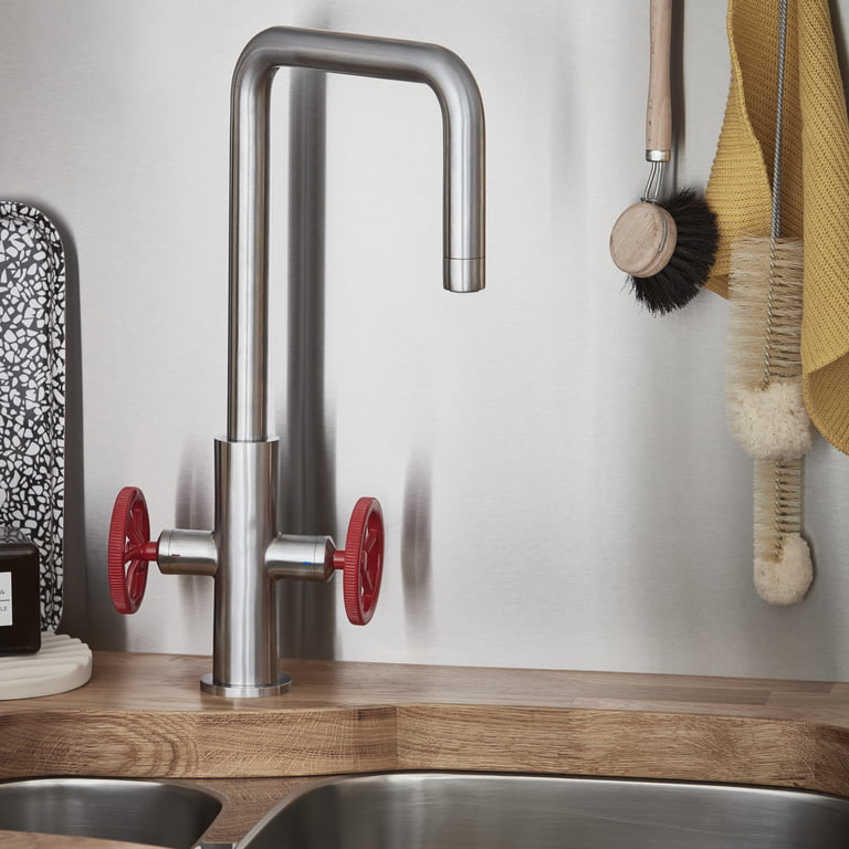 baterie-buc-kamut-inox-2-robineti-4534 Baterie bucatarie GoodHome Kamut, 2 robineti, efect din otel inoxidabil, furtune de prindere preinstalate