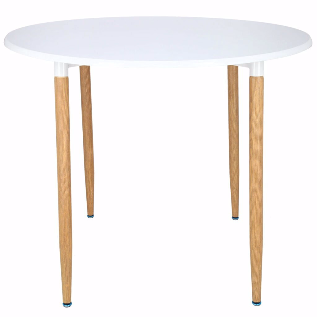 Masa dining rotunda Lizzy Unic Spot, 90x76cm, blat MDF alb, picioare metalice cu textura de lemn
