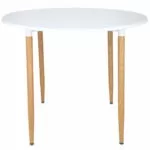 Masa dining rotunda Lizzy Unic Spot, 90x76cm, blat MDF alb, picioare metalice cu textura de lemn