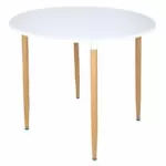 Masa dining rotunda Lizzy Unic Spot, 90x76cm, blat MDF alb, picioare metalice cu textura de lemn