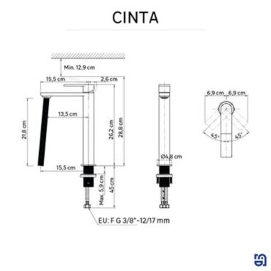 Baterie Lavoar Inalta Sensea Cinta Negru Mat - Design Modern