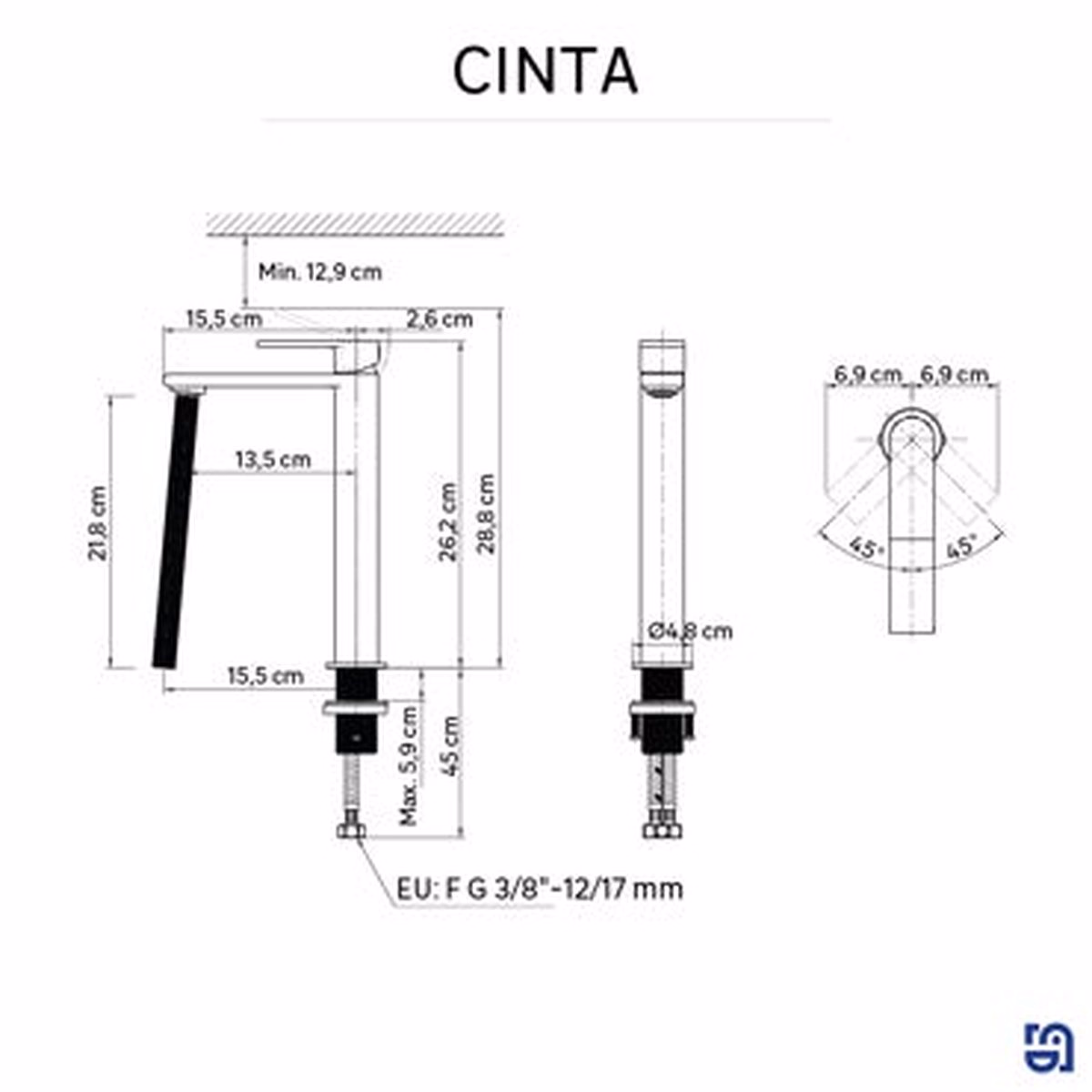 Baterie Lavoar Inalta Sensea Cinta Negru Mat - Design Modern