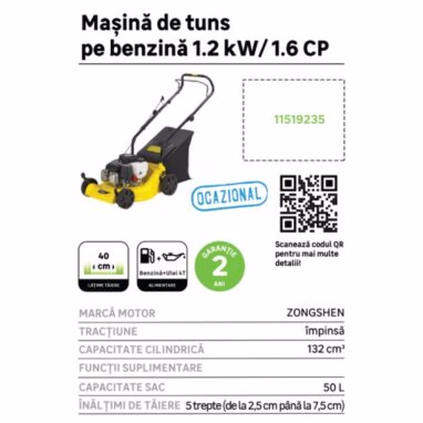 Mașină de tuns iarba pe benzină Zongshen 1.8 CP, lățime 40 cm