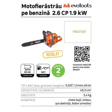 Motofierastrau pe benzina Evotools 2.6 CP, 1.9 kW, lama 40 cm